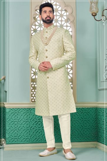 Banarasi Silk Lovely Cream Color Readymade Nawabi Men's Sherwani