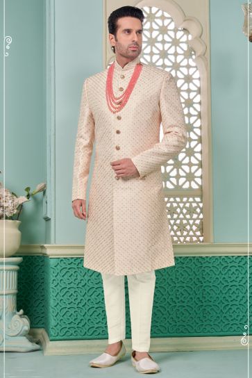 Banarasi Silk Pink Color Alluring Readymade Nawabi Men's Sherwani