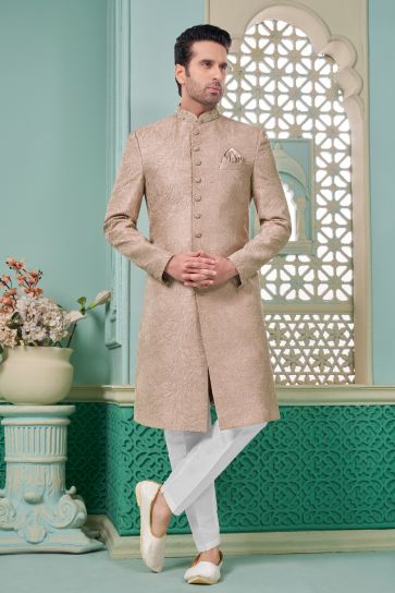 Pink Color Beautiful Banarasi Silk Fabric Readymade Nawabi Men's Sherwani