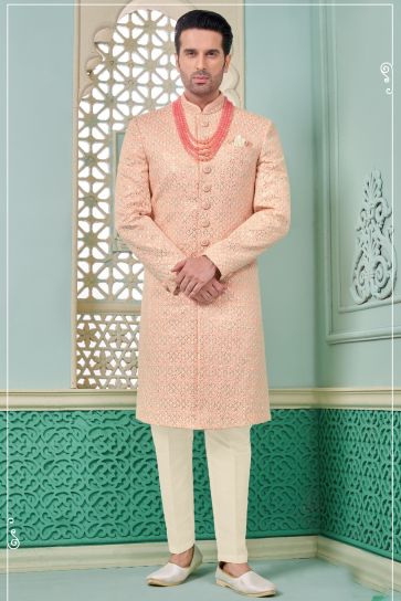 Peach Color Banarasi Silk Fabric Attractive Readymade Nawabi Men's Sherwani