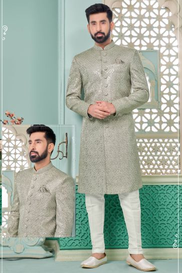 Grey Color Banarasi Silk Fabric Readymade Nawabi Men's Sherwani