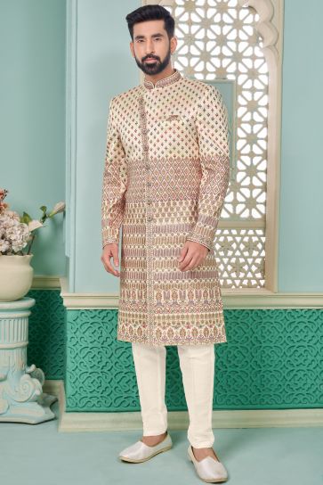 Banarasi Silk Fabric Beige Color Readymade Nawabi Men's Sherwani