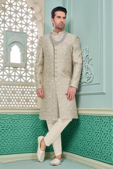 Dark Beige Banarasi Silk Fabric Trendy Readymade Nawabi Men's Sherwani