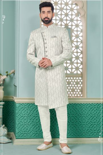 Off White Color Fancy Fabric Readymade Nawabi Men's Sherwani