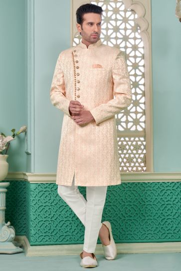 Fancy Fabric Peach Color Readymade Nawabi Men's Sherwani