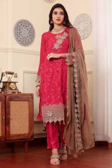 Red Color Chinon Silk Fabric Function Wear Awesome Salwar Suit