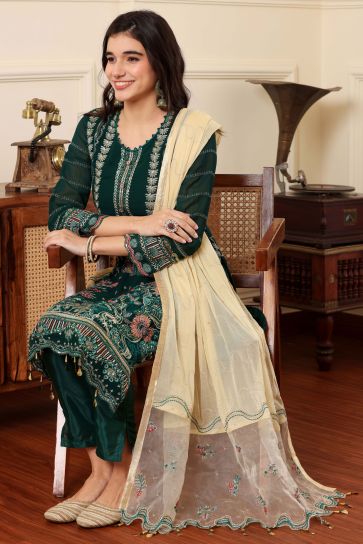 Georgette Fabric Function Wear Beatific Salwar Suit In Dark Green Color