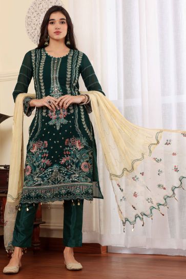 Georgette Fabric Function Wear Beatific Salwar Suit In Dark Green Color