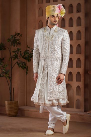 Heavy Embroidered White Color Wedding Wear Art Silk Fabric Designer Readymade Groom Sherwani For Men