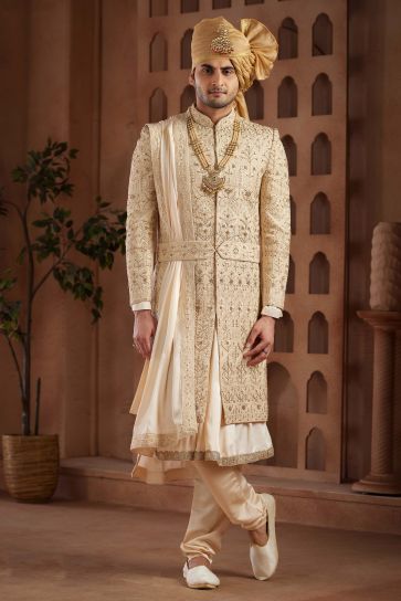 Beige Color Wedding Wear Art Silk Fabric Designer Heavy Embroidered Readymade Groom Sherwani For Men