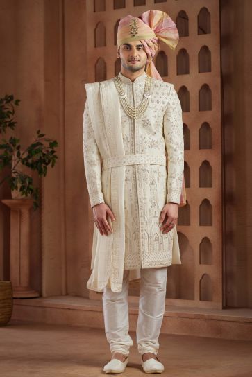Wedding Wear Art Silk Fabric Designer Heavy Embroidered Readymade Groom Sherwani For Men In Cream Color