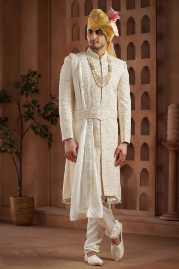 Art Silk Fabric Designer Heavy Embroidered Wedding Wear Readymade Groom Sherwani For Men In Cream Color