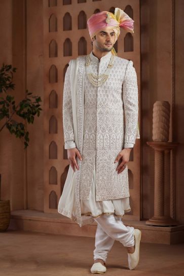 Art Silk Fabric White Color Wedding Wear Readymade Men Stylish Groom Sherwani