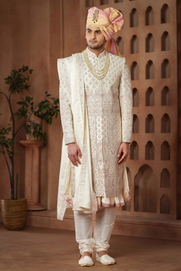 Art Silk Cream Color Wedding Wear Readymade Designer Men Groom Sherwani