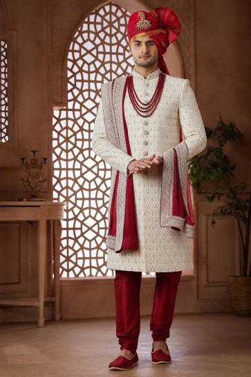 Cream Gorgeous Art Silk Fabric Wedding Wear Readymade Groom Sherwani For Men