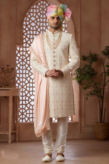 Pretty Georgette Fabric Wedding Wear Readymade Men Groom Sherwani In Cream Color
