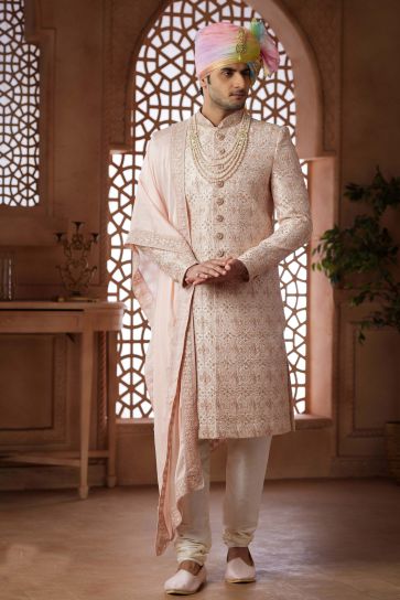 Beautiful Pink Color Wedding Wear Readymade Groom Sherwani For Men In Art Silk Fabric