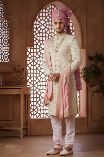 Art Silk Wedding Wear Attractive Readymade Men Groom Sherwani In Cream Color