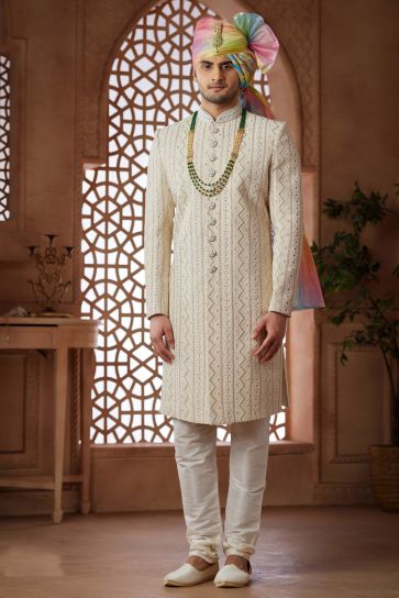 Glamorous Cream Color Georgette Fabric Heavy Embroidered Wedding Wear Readymade Groom Sherwani For Men