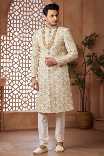 Cream Art Silk Fabric Graceful Readymade Men Groom Sherwani For Wedding Wear