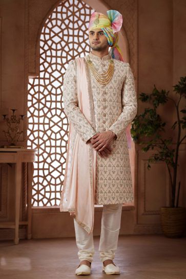 Cream Art Silk Fabric Magnificent Readymade Men Groom Sherwani For Wedding Wear