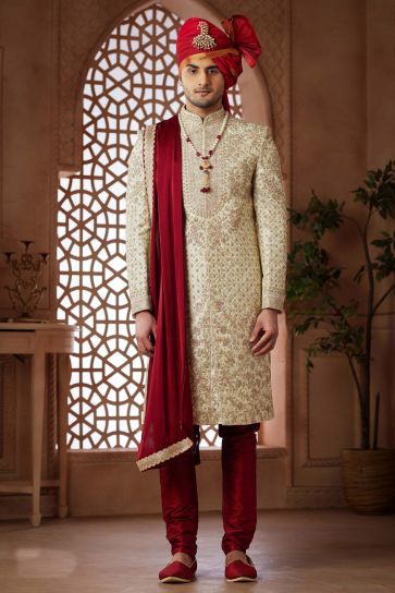 Jacquard Cream Magnificent Readymade Men Groom Sherwani For Wedding Wear