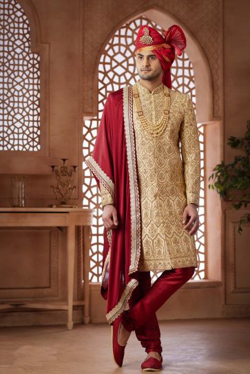 Golden Color Jacquard Fabric Heavy Embroidered Wedding Wear Designer Readymade Groom Sherwani For Men