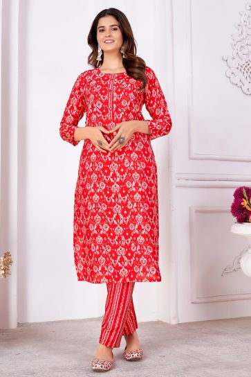 Komal Vora Art Silk Red Color Ingenious Readymade Kurti With Bottom