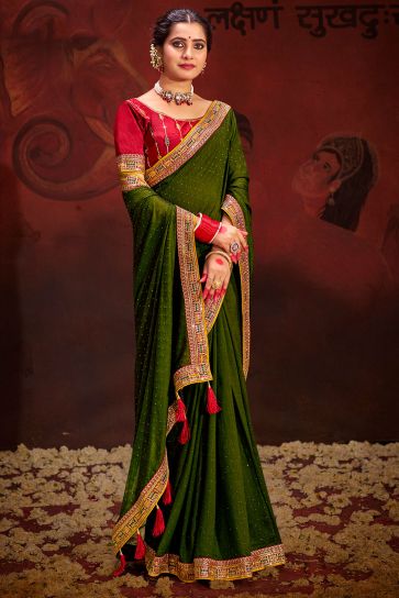 Embellished Mehendi Green Color Border Work Fancy Fabric Saree 