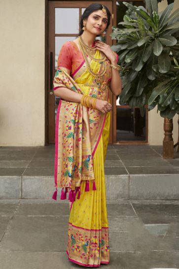 Phenomenal Meenakari Work Yellow Color Kanchipuram Silk Saree