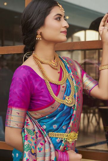 Fashionable Cyan Color Meenakari Work Kanchipuram Silk Saree