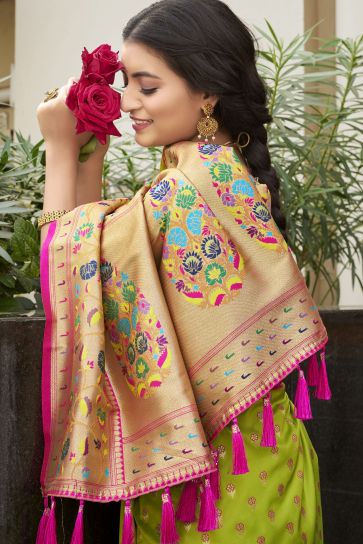 Fabulous Kanchipuram Silk Fabric Green Color Meenakari Work Saree