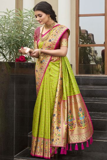 Fabulous Kanchipuram Silk Fabric Green Color Meenakari Work Saree