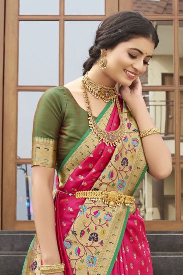 Red Color Kanchipuram Silk Fabric Glamorous Look Meenakari Work Saree