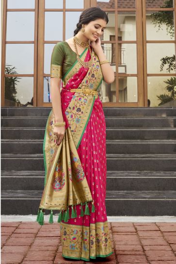 Red Color Kanchipuram Silk Fabric Glamorous Look Meenakari Work Saree