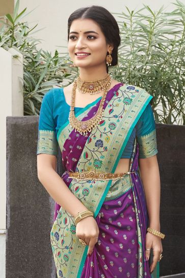Kanchipuram Silk Fabric Purple Color Gorgeous Look Meenakari Work Saree