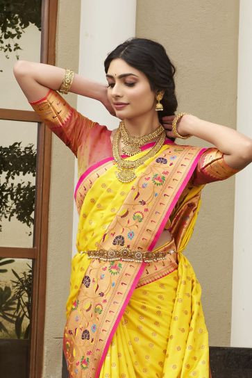 Kanchipuram Silk Fabric Yellow Color Stylish Look Meenakari Work Saree