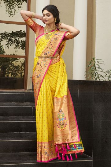 Kanchipuram Silk Fabric Yellow Color Stylish Look Meenakari Work Saree