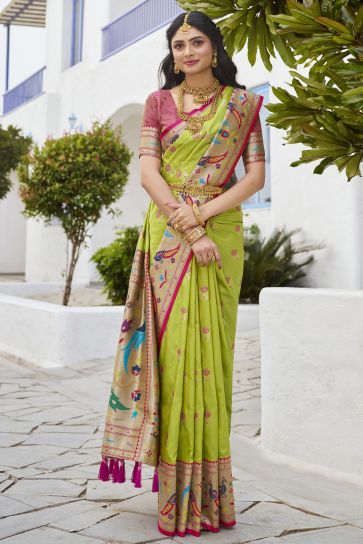 Vibrant Green Color Paithani Silk Meenakari Work Saree For Function