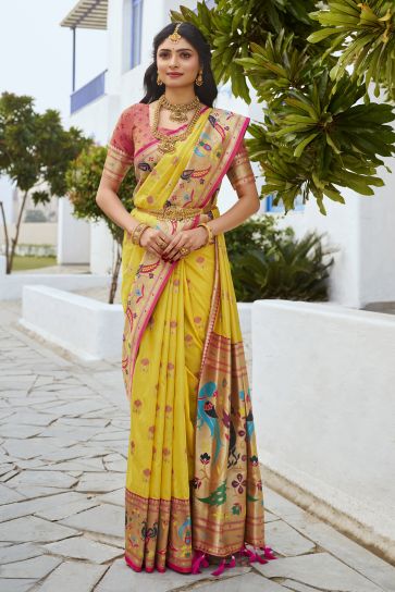 Classic Paithani Silk Meenakari Work Yellow Color Saree Function