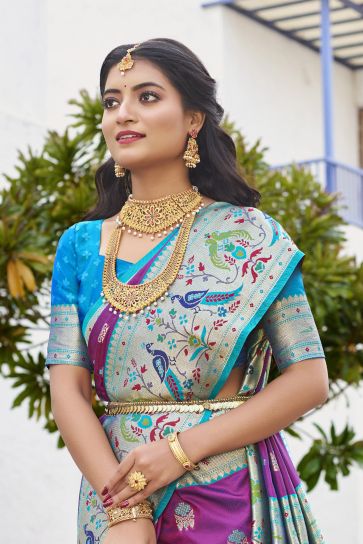 Festive Fashion Paithani Silk Meenakari Work Wine Color Saree