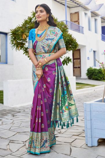 Festive Fashion Paithani Silk Meenakari Work Wine Color Saree