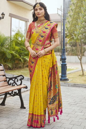 Fashionable Yellow Color Meenakari Work Paithani Silk Saree