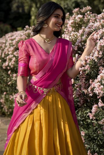 Mustard Color Art Silk Function Wear Kanchipuram With Zari Weaving Beautiful Lehenga Choli