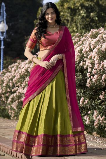 Trendy Kanchipuram With Zari Weaving Sea Green Color Art Silk Function Wear Lehenga Choli