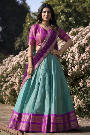 Radiant Art Silk Sky Blue Color Function Wear Kanchipuram With Zari Weaving Lehenga