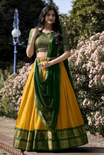 Yellow Color Alluring Kanchipuram With Zari Weaving Lehenga Choli In Art Silk Fabric