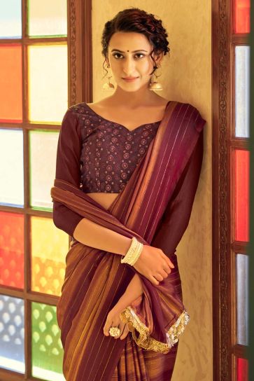 Party Wear Fancy Fabric Brown Color Excellent Saree With Embroidered Blouse