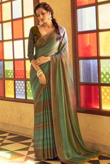Sea Green Color Fancy Fabric Party Wear Princely Saree With Embroidered Blouse