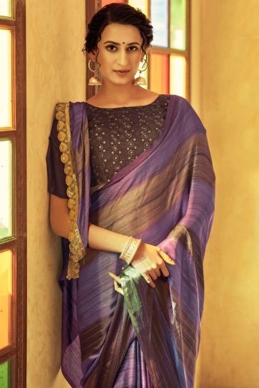 Purple Color Fancy Fabric Party Wear Special Saree With Embroidered Blouse